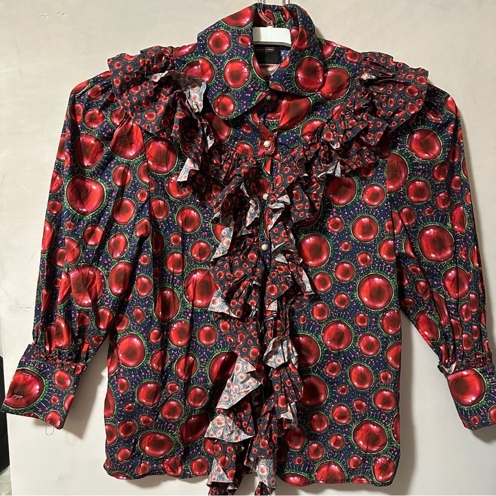 Halloween costume-_~Vibrant Ruffled Blouse with Red and Blue Pattern